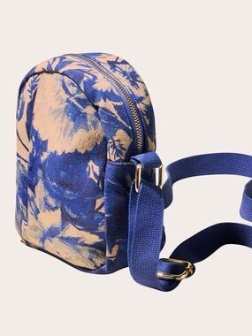 Blue Floral Canvas Crossbody Bag with Gold Hardware